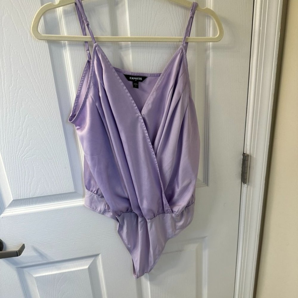 Express Light Purple Satin Faux Wrap Cami Bodysuit XL